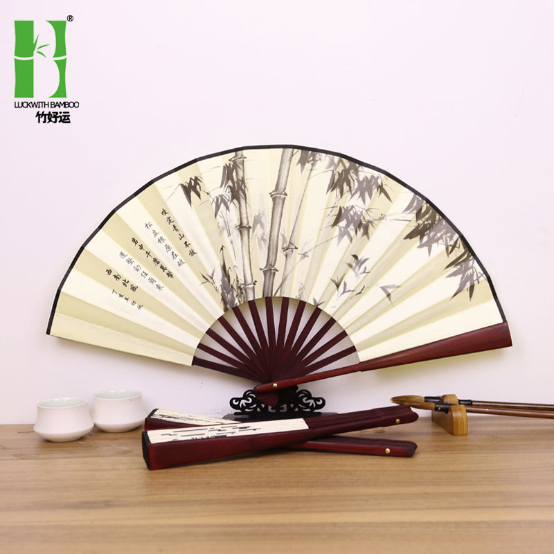 Ventilador plegable de estilo chino ventilador de bambú de tela de seda de estilo antiguo ocho pulgadas de doble cara de impresión de publicidad Hanfu ventilador fábrica al por mayor en stock