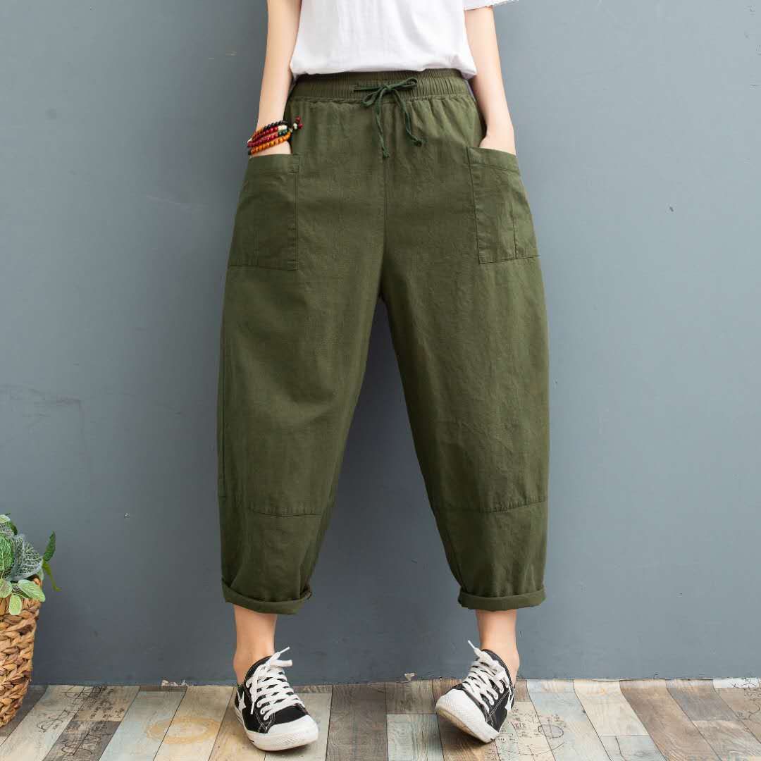 Nuevos pantalones de rábano de algodón y lino para mujer, pantalones finos de ramio de verano, pantalones sueltos de gran tamaño para mujer, pantalones harem casuales de ocho puntos image 4