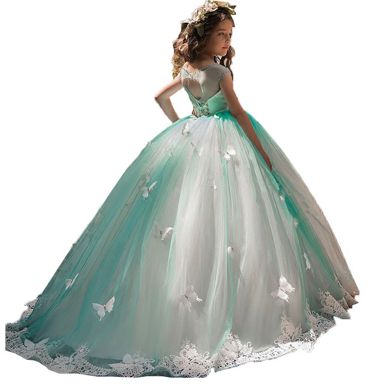 Prinzessinnen-Ballkleid für Mädchen, Spitzenkleid mit Schmetterlings- und Blumenmuster, bauschiges Fotokleid für besondere Anlässe 【Vorbestellung | Versand in 15 Tagen】_voghion.com
