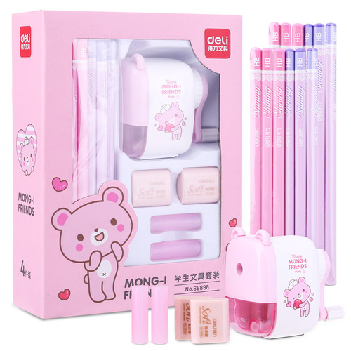 Wholesale Deli 68896 stationery set for primary school students, stationery gift pack for the first semester of school, cute cartoon gift box