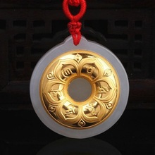 金镶玉 和田玉镶金 3D4D足金和田玉六字真言平安扣吊坠 厂家批发