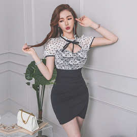 2025夏季 韩版气质性感镂空系带修身蕾丝拼接撞色包臀连衣裙4697A