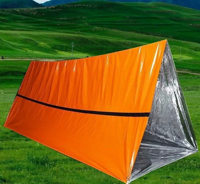 First aid life tent emergency shelter, PET + aluminum reflective, 2.4×1.5×0.9 m, compact pack