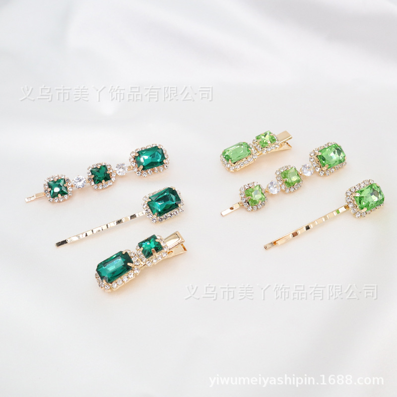 Spring and Summer New Style Green Buckle Diamond Retro Hairpin Luxury Rhinestone One-Word Clip Gemstone Emerald Versatile Hair Accessories Wholesale