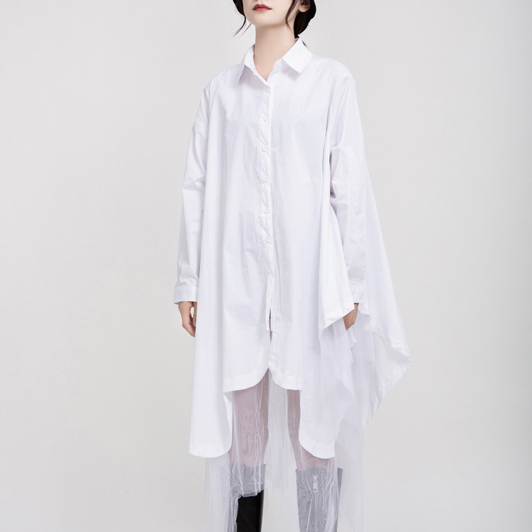 Lapel Long-Sleeve Spicy Girl Dress 2024 Autumn Women's Patchwork Mesh Irregular Shirt Dark Style Personality Streetwear