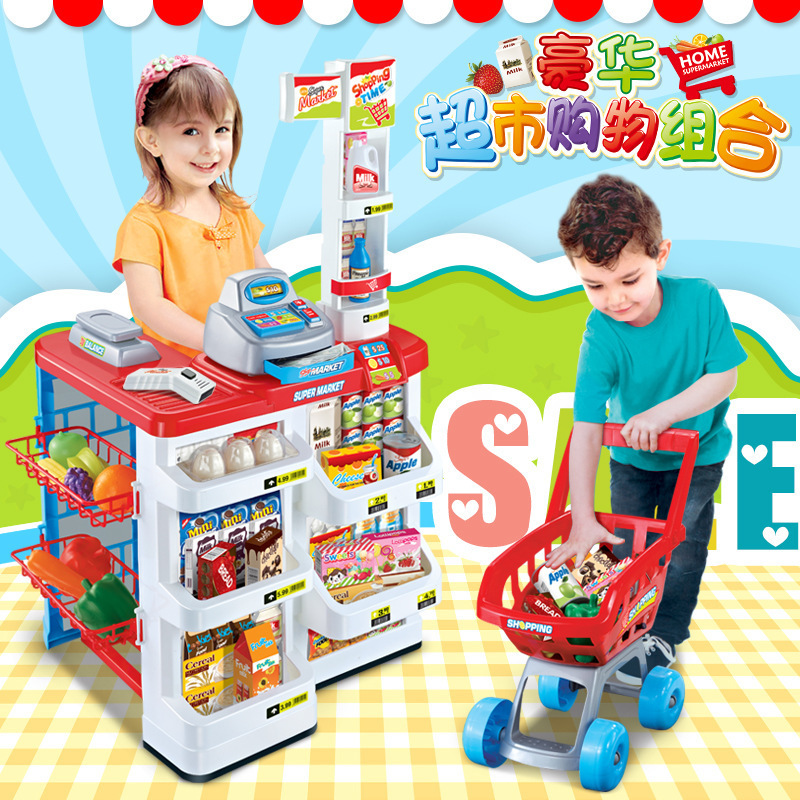 Traje de carrito de compras de escritorio de supermercado de simulación para niños transfronterizos Play House supermercado escaneo cajero juguete