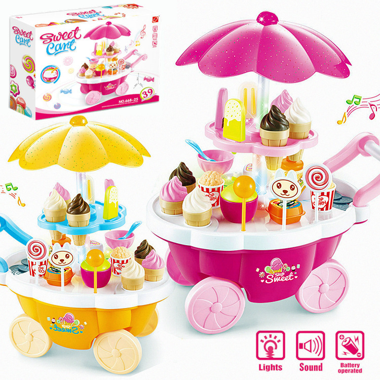 Simulación de música de iluminación infantil transfronteriza mini supermercado heladería Candy trolley play House toy