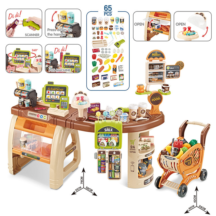 Transfronterizo de los niños de simulación supermercado Escritorio de ventas carrito de compras traje de combinación Play House supermercado de escaneo cajero juguete