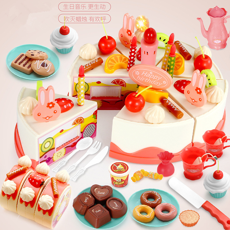 Niños transfronterizos 82 piezas de sonido eléctrico y luz inducción DIY fruta corte música pastel de cumpleaños juguete juego casa traje