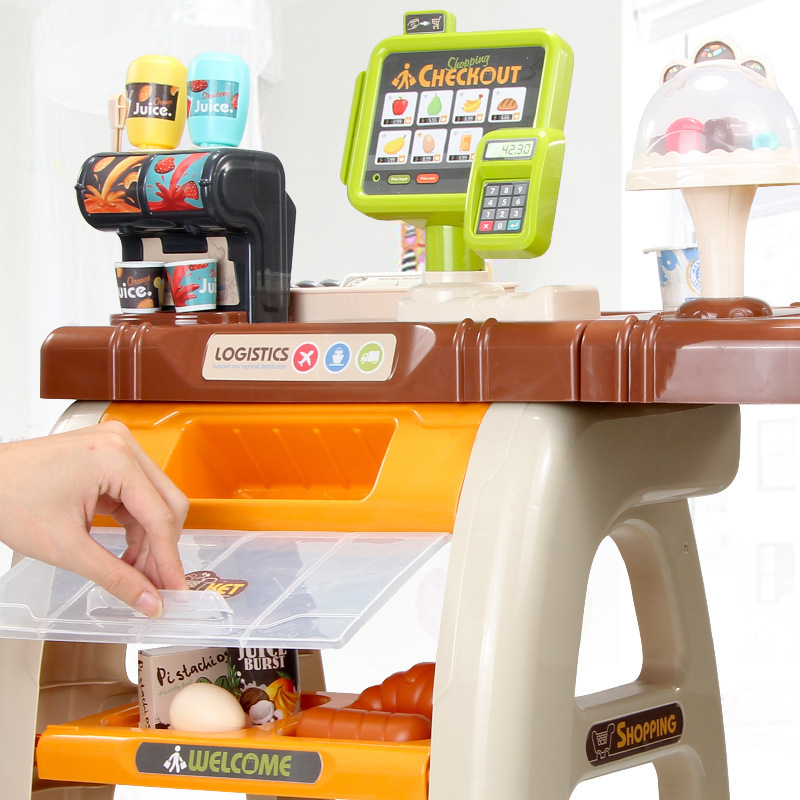 Los niños transfronterizos 65 piezas de simulación cajero supermercado Mesa carrito de la compra traje caramelo jugar casa supermercado Juguetes