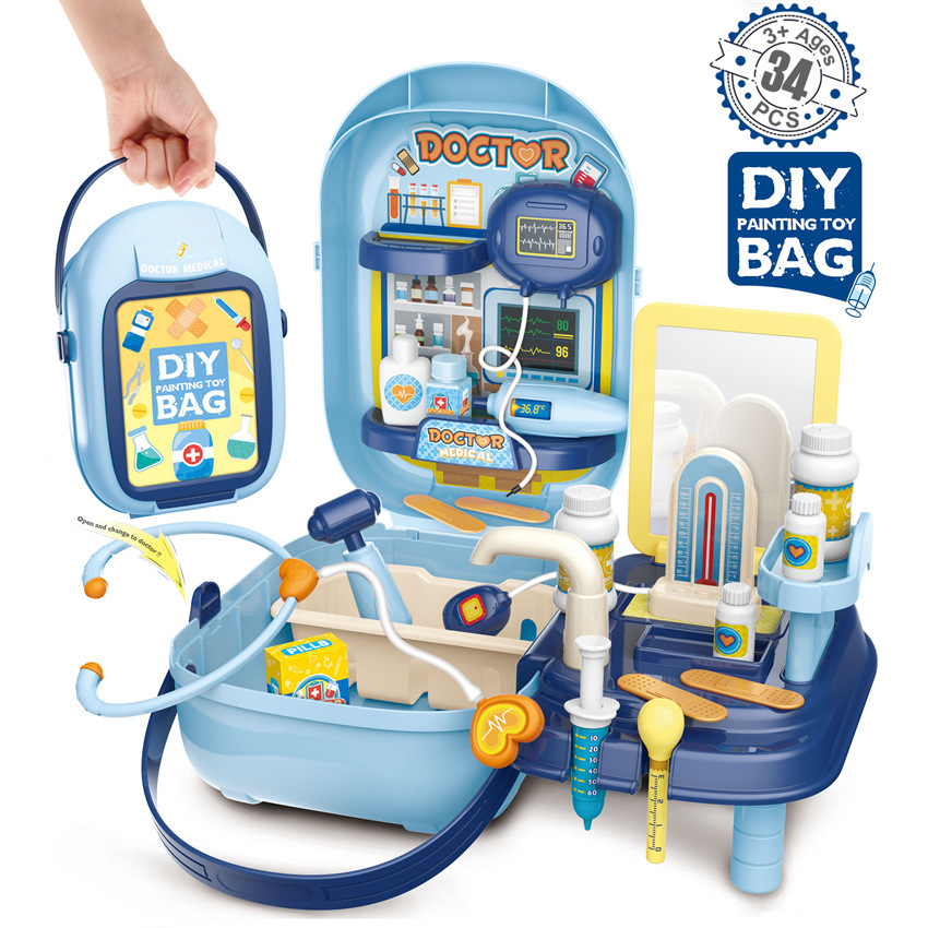 Transfronteriza simulación infantil barbacoa cocina vajilla maquillaje herramientas supermercado jugar casa pintura caja portátil médico juguete