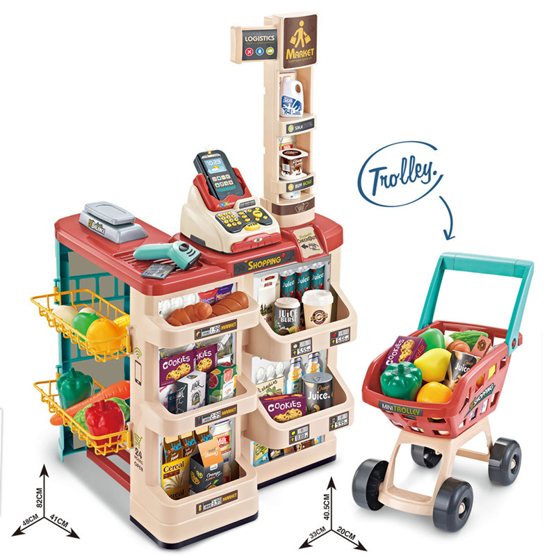 Comercio exterior de los niños simulación supermercado ventas carrito de compras combinación traje escaneo cajero jugar casa supermercado Juguetes