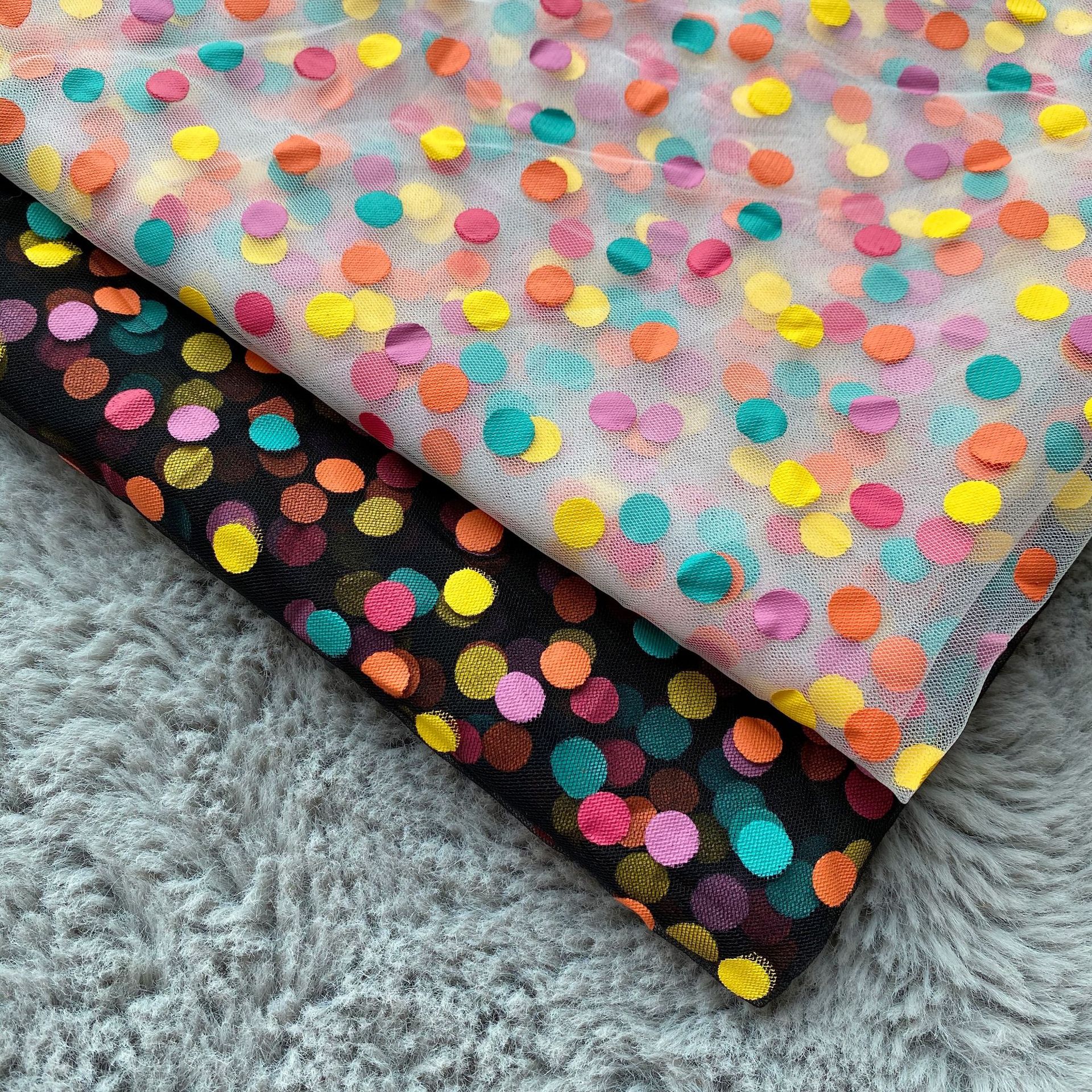 Internet celebridad mismo estilo elegante estilo nuevo especial densa malla de tela de malla colorido punto pegamento impreso gasa falda ropa para niños tela