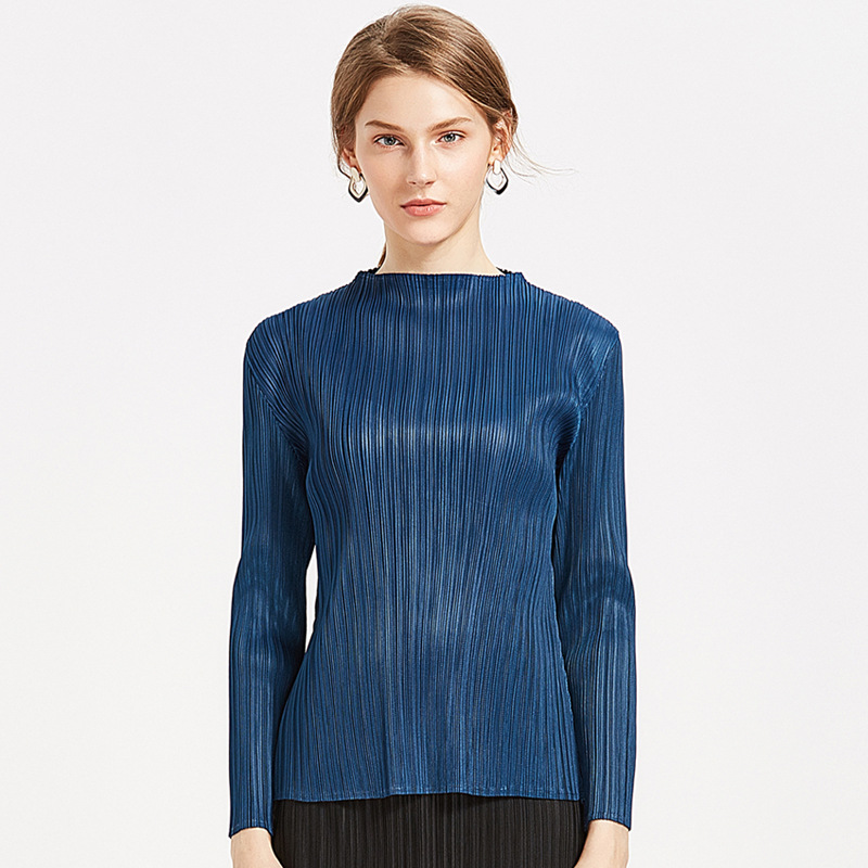 三宅シンプルクラシックプリーツレディース長袖トップス春半袖スタンドカラーTシャツドロップシッピング