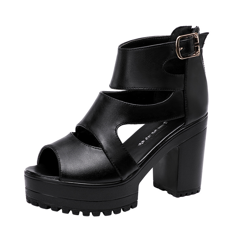 Sandal nữ đế xuồng cao gót mũi hở phong cách La Mã, gót 8 cm, đế dày platform — Màu đen, Màu đen 8cm