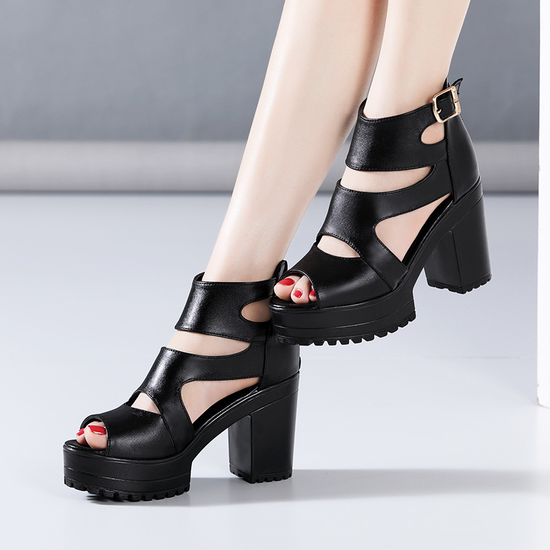 Sandal nữ đế xuồng cao gót mũi hở phong cách La Mã, gót 8 cm, đế dày platform — Màu đen, Màu đen 8cm