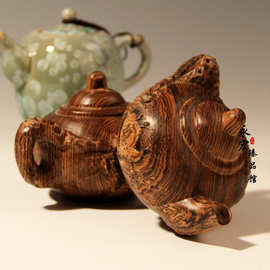 花奇楠虎皮檀茶壶摆件 红木文玩工艺品 批发祥云福韵木质雕花