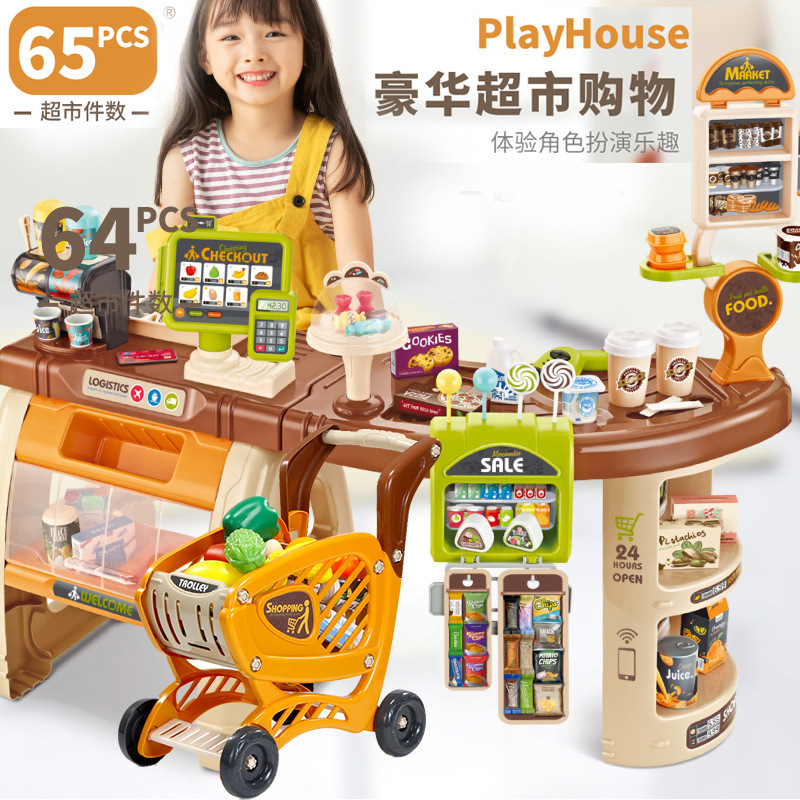 Los niños transfronterizos 65 piezas de simulación cajero supermercado Mesa carrito de la compra traje caramelo jugar casa supermercado Juguetes