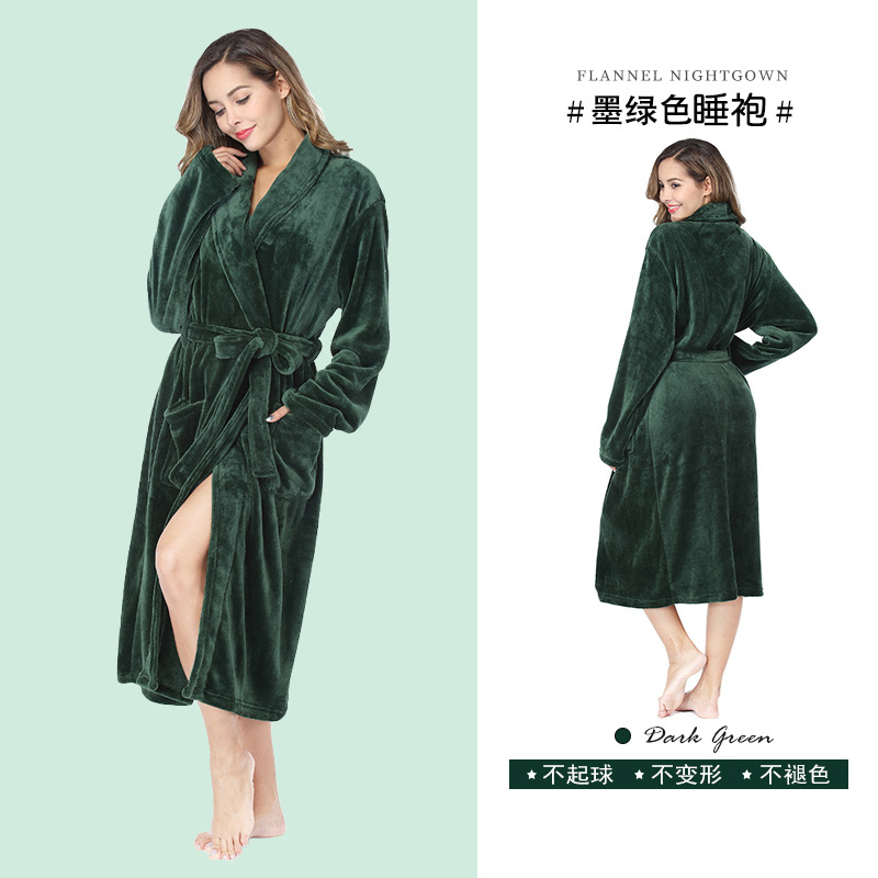 Camisón de color sólido de solapa transfronteriza, albornoz, pijamas gruesos de otoño e invierno, ropa de casa de pareja con estampado de franela de gran tamaño