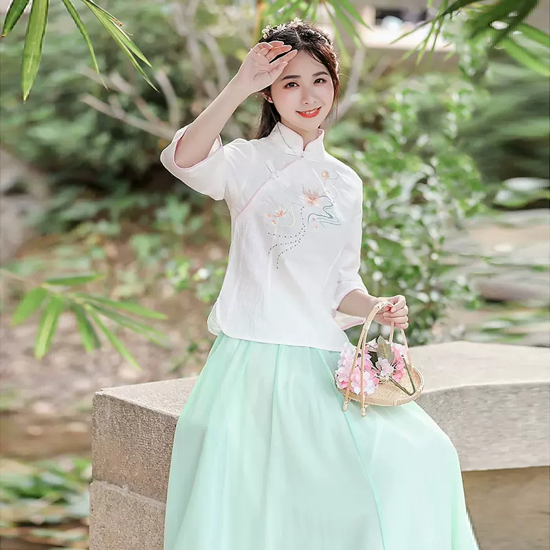 新款夏2021汉服直播长裙女装雪纺汉服禅茶服禅舞服纯色双层裙批发