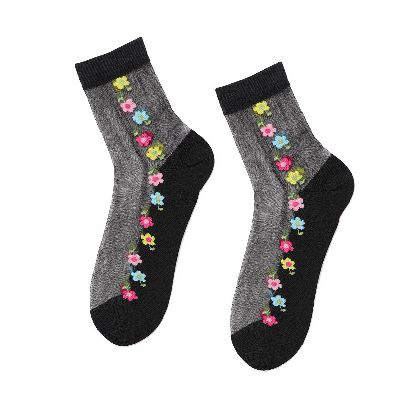 Corea del Sur moda tejida medias de cristal de flores simples medias de cristal de fondo de algodón de flores ultra-Delgado invisible media pantorrilla calcetines de mujer moda al por mayor