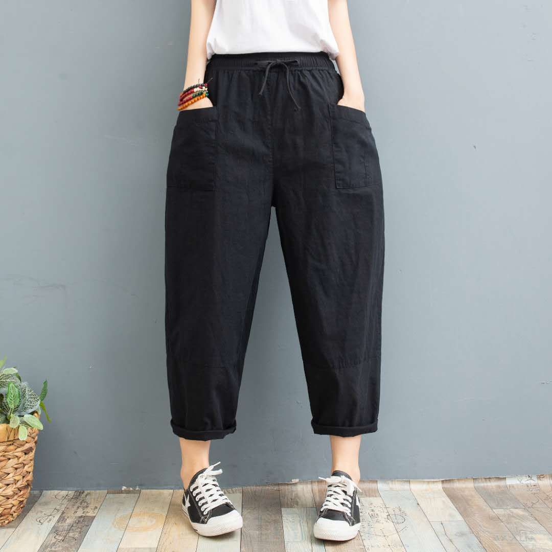 Nuevos pantalones de rábano de algodón y lino para mujer, pantalones finos de ramio de verano, pantalones sueltos de gran tamaño para mujer, pantalones harem casuales de ocho puntos image 8