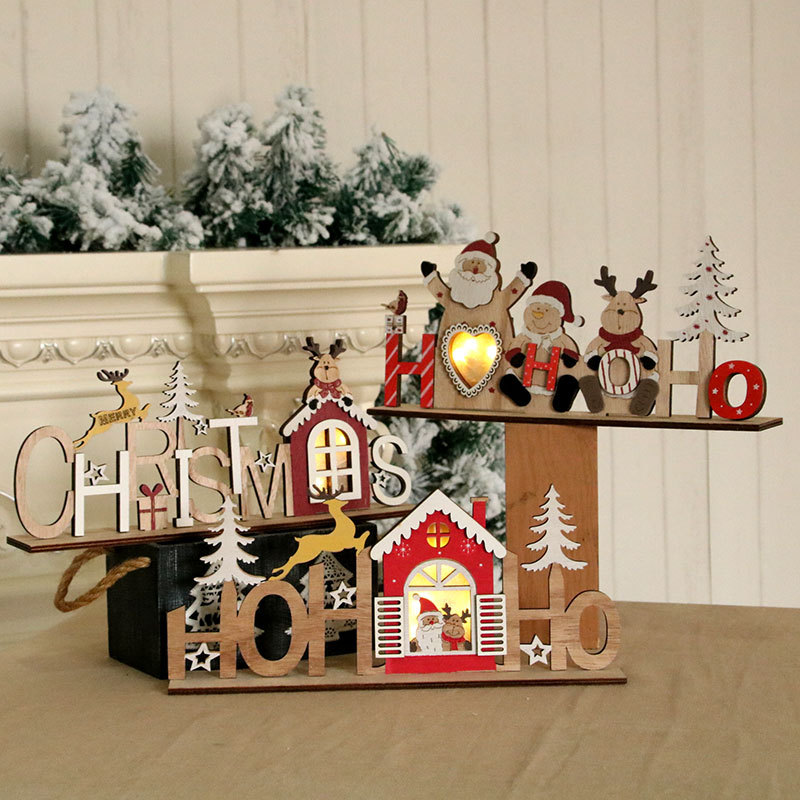 Navidad grabado láser de madera DIY montado luminoso carta tarjeta Navidad decoración suministros adornos luminosos