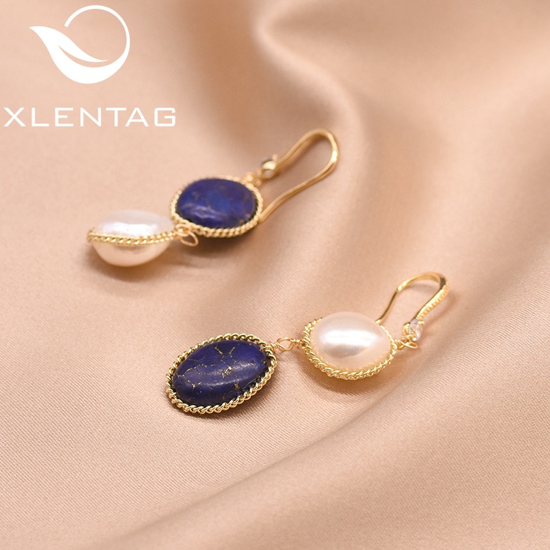 Perla de alta sensación de agua dulce perlas pendientes asimétricos temperamento retro joyas lapislázuli al por mayor natural