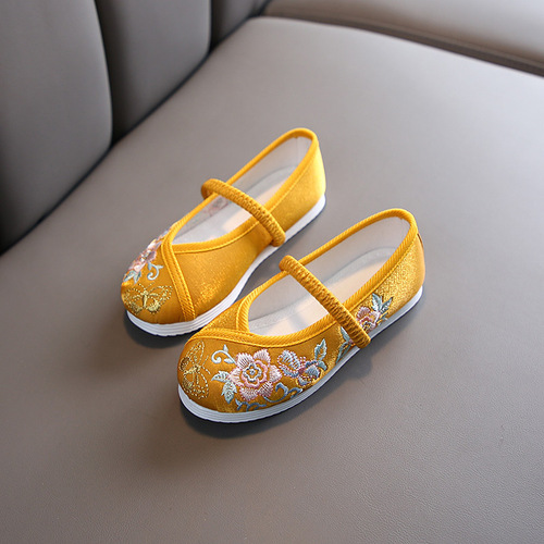 New Children's Hanfu Shoes with Chinese Style Ancient Costume Shoes, Soft Sole, Old Beijing Fabric Shoes, Handmade Girls' Embroidered Shoes