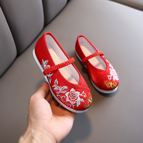 New Children's Hanfu Shoes with Chinese Style Ancient Costume Shoes, Soft Sole, Old Beijing Fabric Shoes, Handmade Girls' Embroidered Shoes