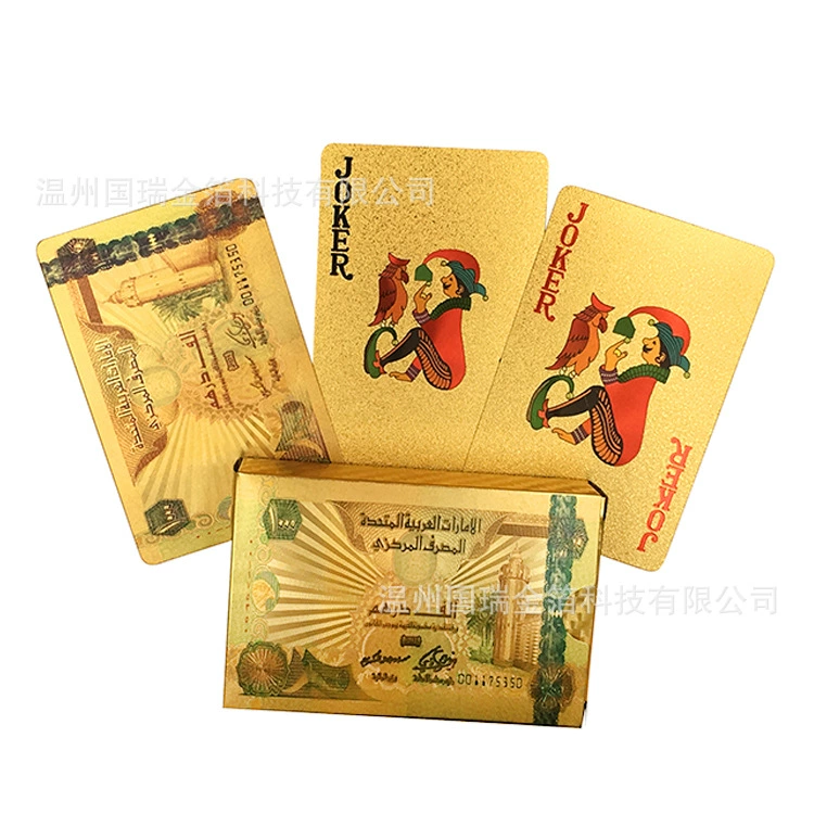 Золотая фольга Серебряная фольга Покер Dubai Дирхам 1000 игральных карт ПЭТ Водонепроницаемый покер для местных героев Золотой покер