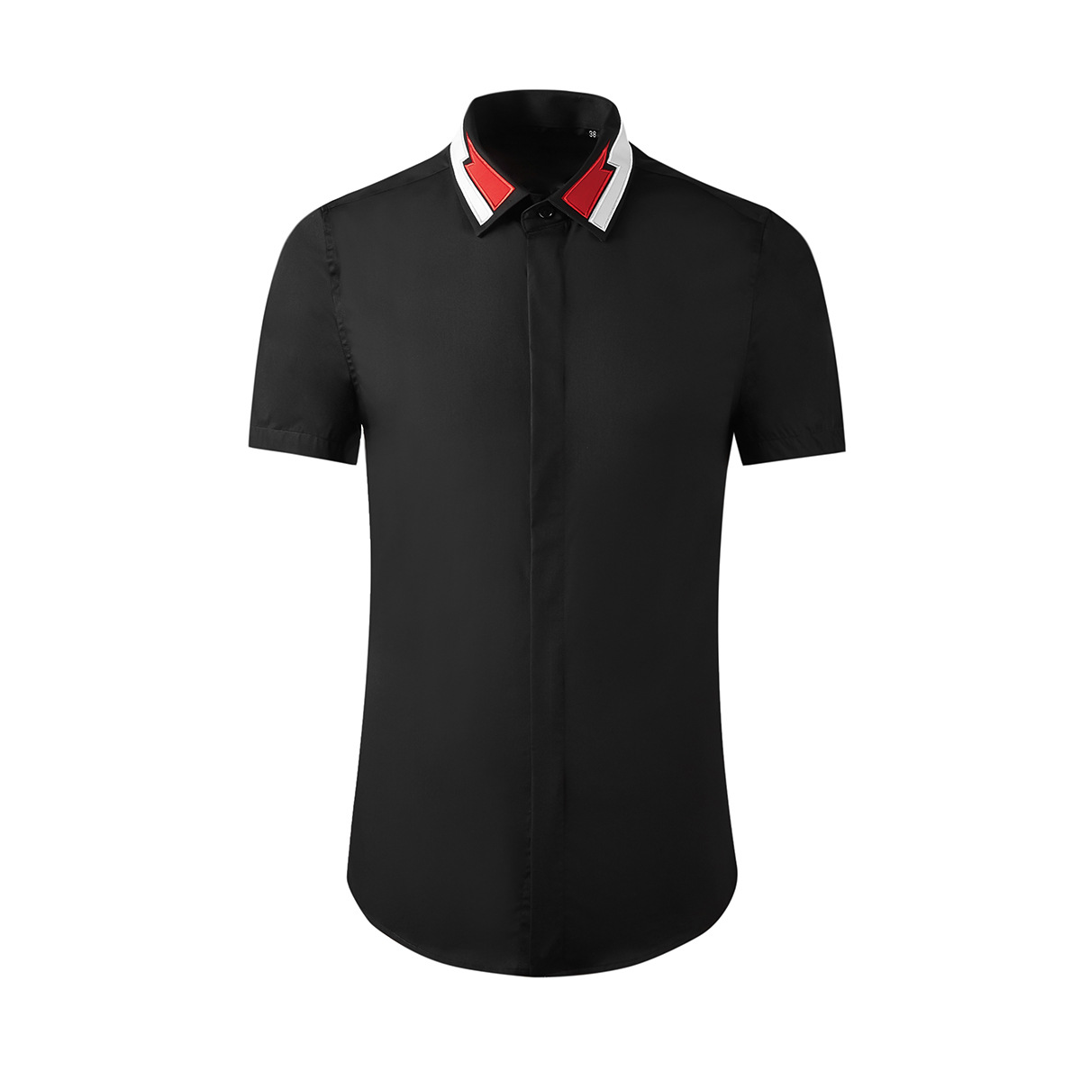 Áo sơ mi ngắn tay nam cổ nhọn thêu tia chớp, dáng ôm, chất cotton thoáng mát — Màu đen