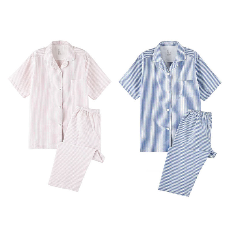 Sideless Seersucker Short-sleeved Pajamas for Men and Women Summer Cool No-print Comfortable Cotton Breathable Good Product Home Suit