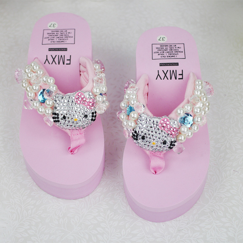 Ne Nei New bling Full Diamond KITTY Ladies Sewing Pearl Gem Flip-Flops Beach Seaside Wedges