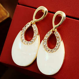 跨境时尚 OL气质菱形锆石水滴仿珍珠耳钉 仿玉镶锆石镂空耳坠女