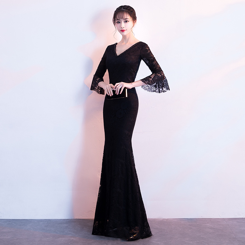 Evening Dress for Women 2025 Summer New Style Banquet Elegant and Graceful Black Fishtail Long Dress One-Piece Wholesale