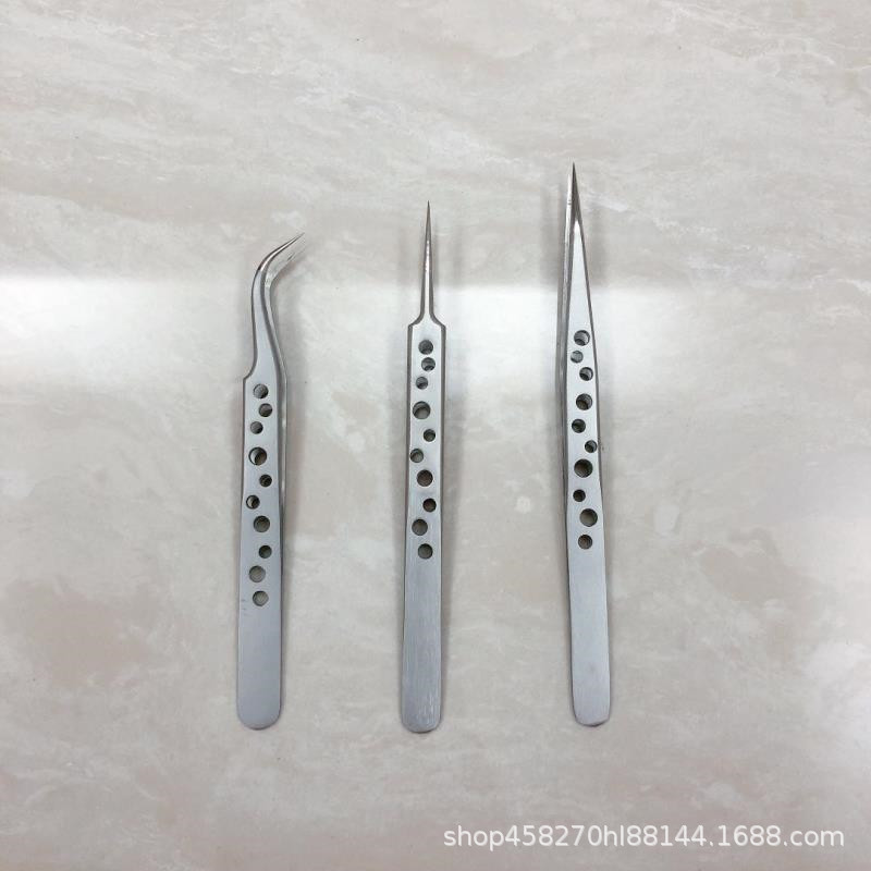 磨砂 带孔系列精密加厚加硬镊子长细嘴弯头不锈钢直镊子防磁尖头