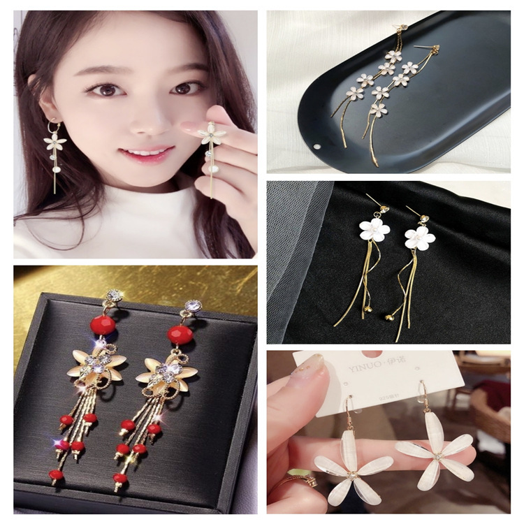 Korean style super fairy elegant retro all-matching new flower long comb earrings 925 silver needle Baroque earrings for women