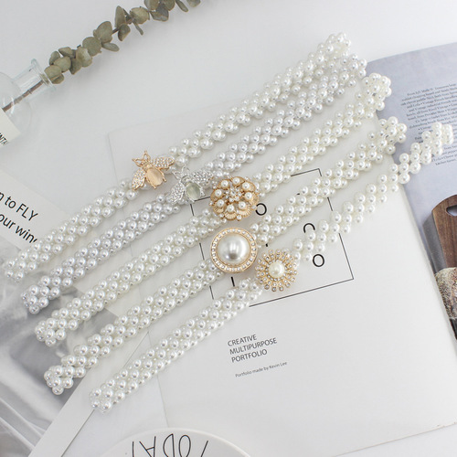 Korean style women's rhinestone pearl waist chain fashion dress decorative elastic waistband for women sweet flower elastic waistband