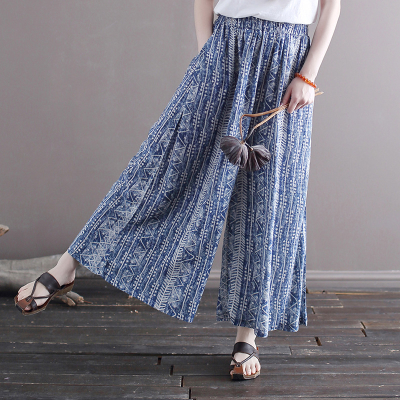 2035 Xi Mo Original Vintage Batik Ethnic Style Loose Wide Leg Pants Cotton and Linen Digital Printed Culottes