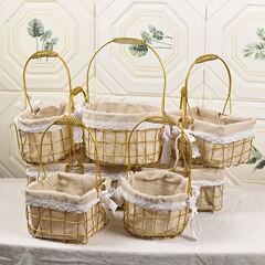 Wrought iron wire cloth lining basket woven willow wicker grass woven small basket picnic carry-on woven basket flower insert bamboo woven bamboo basket
