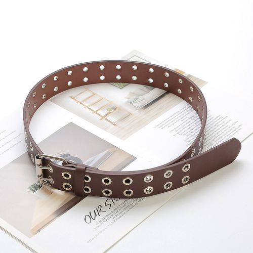 Women's Belt Manufacturer Wholesale Double Row Steam Eye Hip-Hop Trendy Leather Metal Hollow Women's Punk Belt