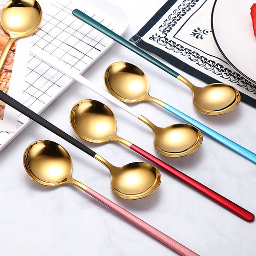 Internet celebrity round spoon household 304 stainless steel spoon creative ice cream dessert spoon long handle Korean bibimbap spoon