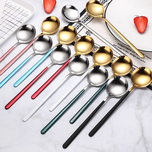Internet celebrity round spoon household 304 stainless steel spoon creative ice cream dessert spoon long handle Korean bibimbap spoon