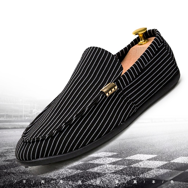 2024 Spring and Autumn Single Shoes Beanie Shoes Men's Casual Shoes Korean Style Trendy Lazy Slip-On Canvas Striped Men's Shoes