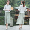 Summer ethnic fresh Hanfu, top for leisure, skirt, set, ethnic style, cotton and linen