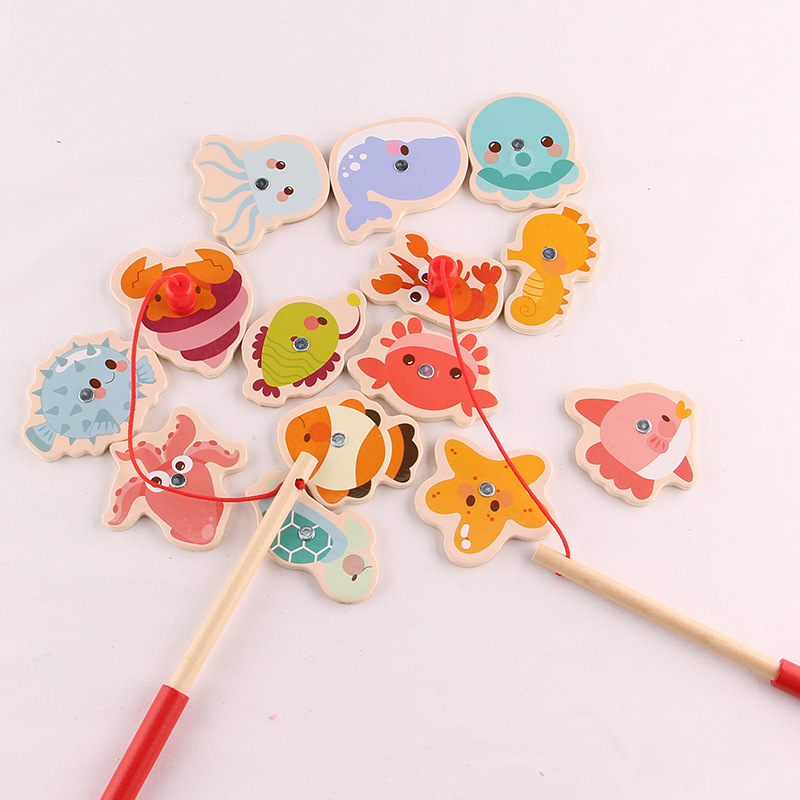 Bebé de madera pesca magnética juguete para niños peces pequeños rompecabezas infantil 1-2 años y medio 3 niños y niñas