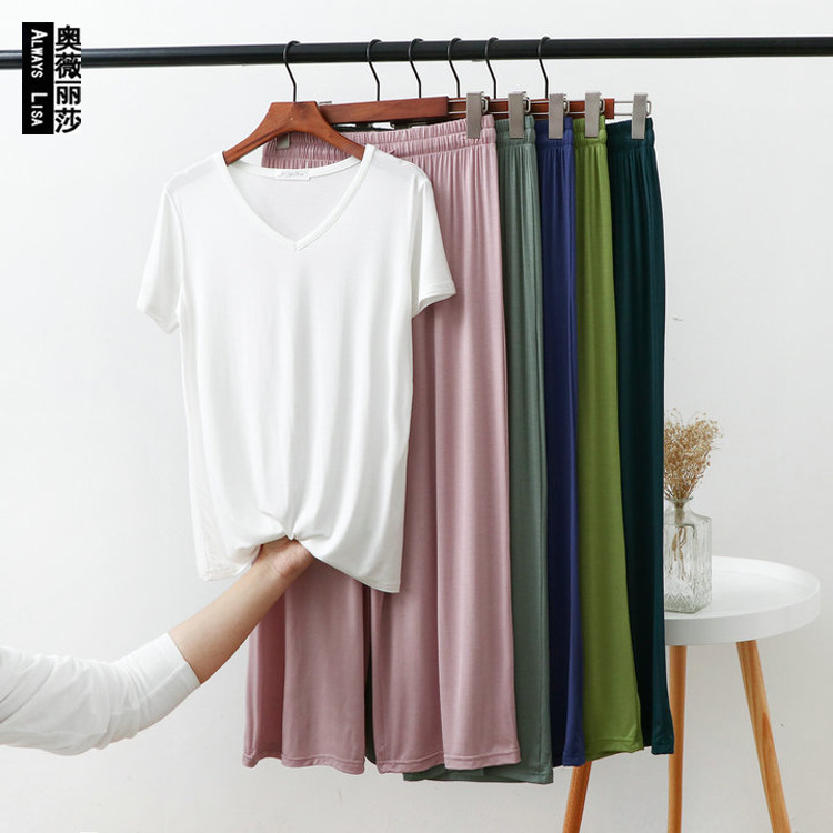 Modal Chicken Collar Pajamas Women's T-shirt Two-piece Set Thin V-neck Sleeping Outer Wear Casual Suit Summer Home Clothes