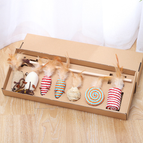 Cat Funny Stick Seven-piece Gift Box Teething Cat Toy Feather Bell Plush Mouse Cat Funny Stick Wholesale