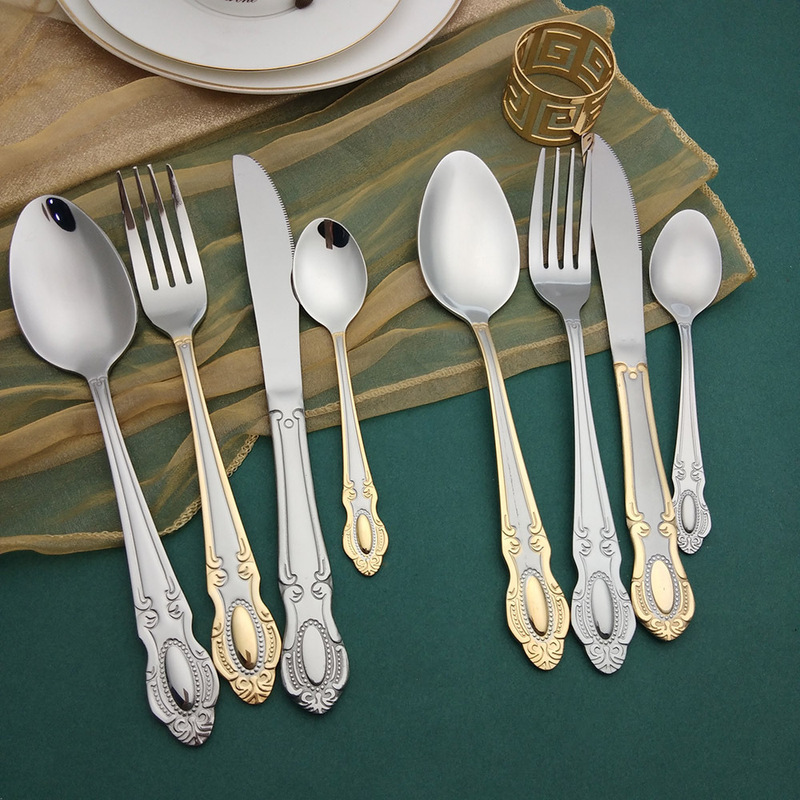 Amazon Hot Stainless Steel Tableware Set Spot Gold Plated Knife, Fork and Spoon 4 Piece Set 16 Piece Set Hotel Tableware